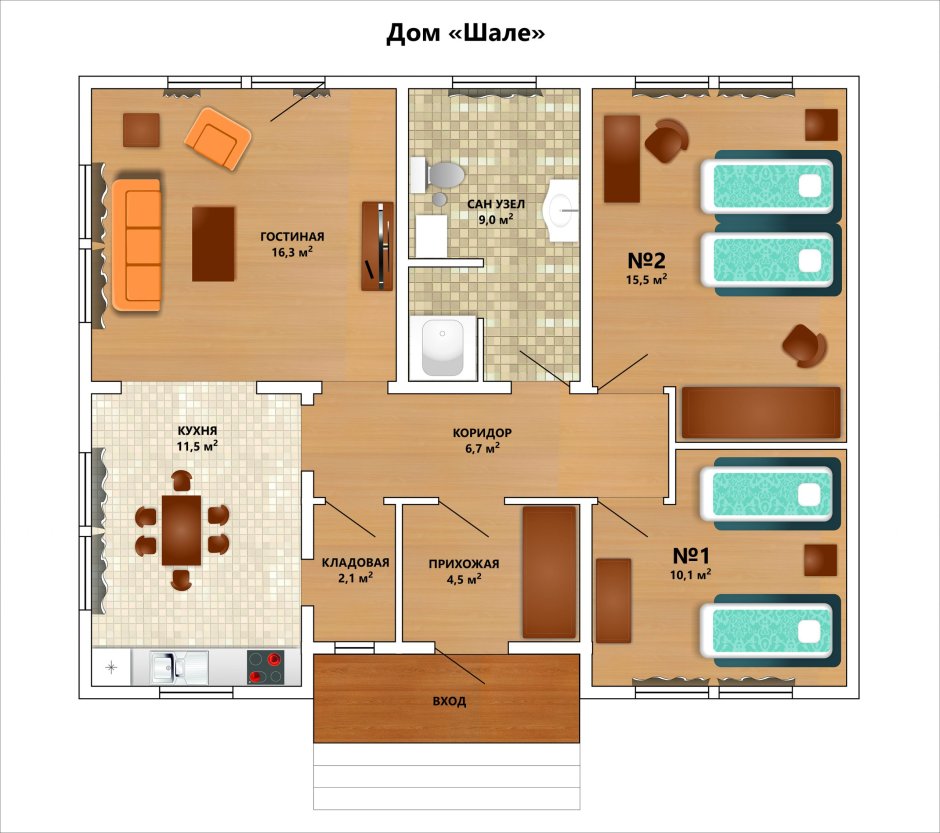 Планировка гостингной с кухней и островом