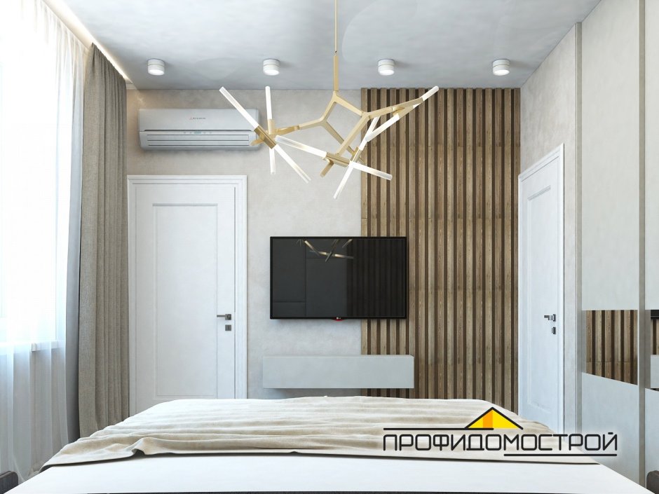 Спальня с рейками на стене