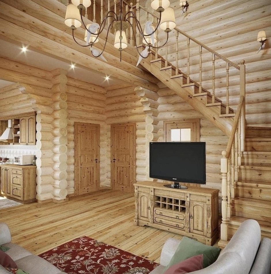 Кухня гостиная в доме из оцилиндрованного бревна