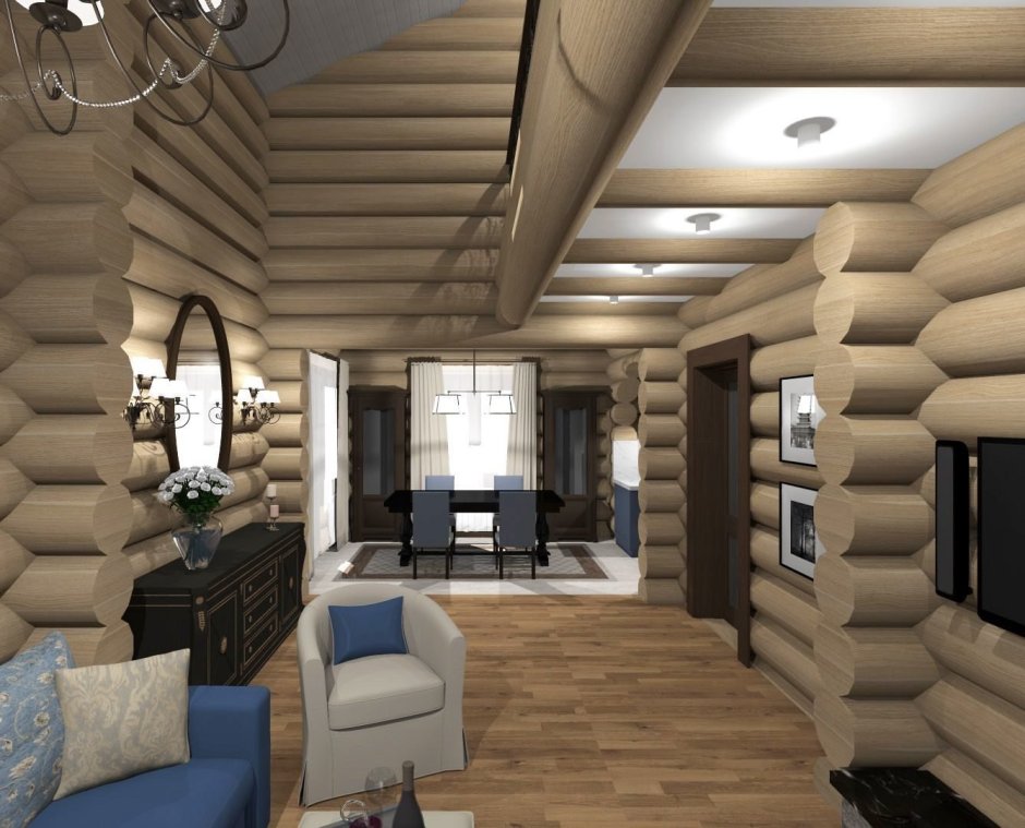 Интерьер гостиной в доме из бревна