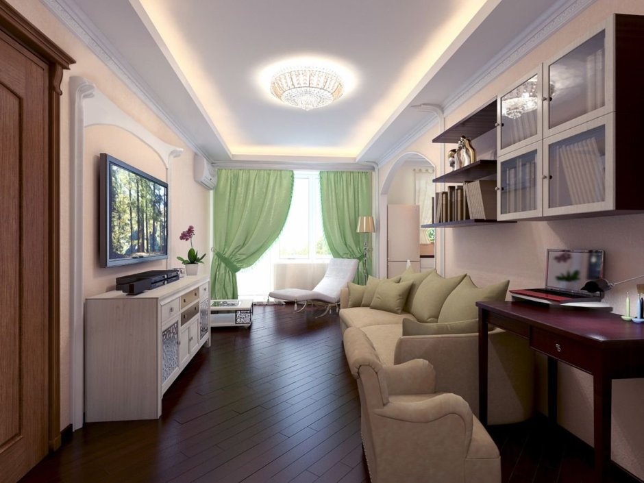 Дизайн длинной гостиной с балконом