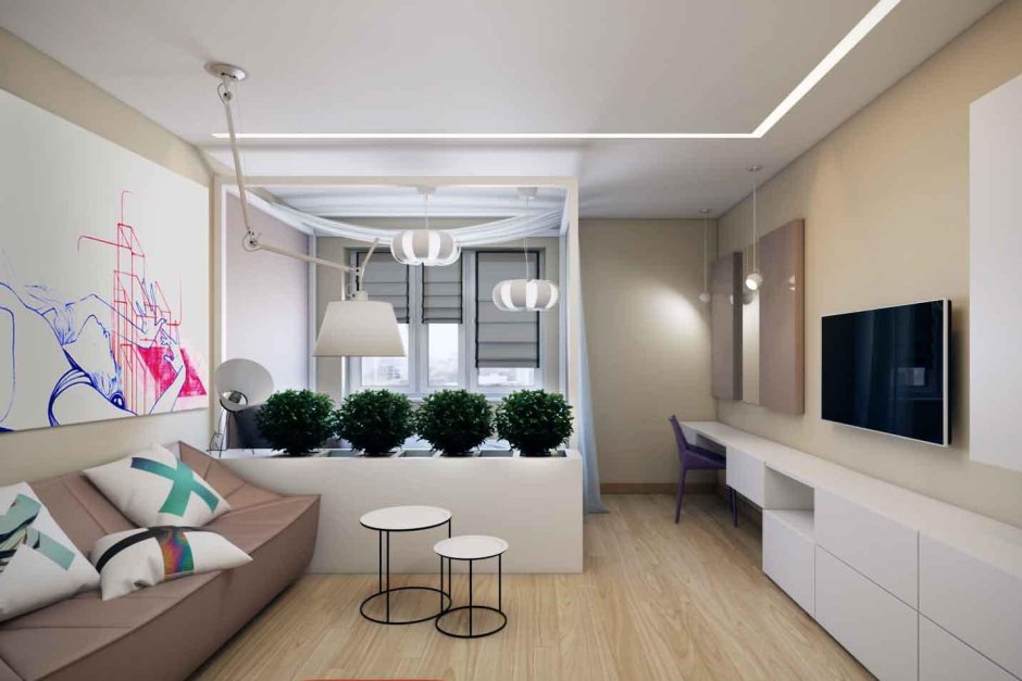 Зонирование прямоугольной гостинной 20 кв.м