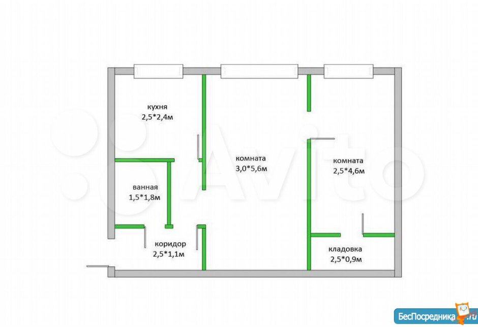 Планировка 2х комнатной квартиры 44м2 с размерами