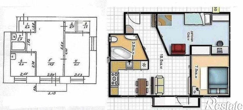 Перепланировка двухкомнатной хрущёвки в трезкомнатную