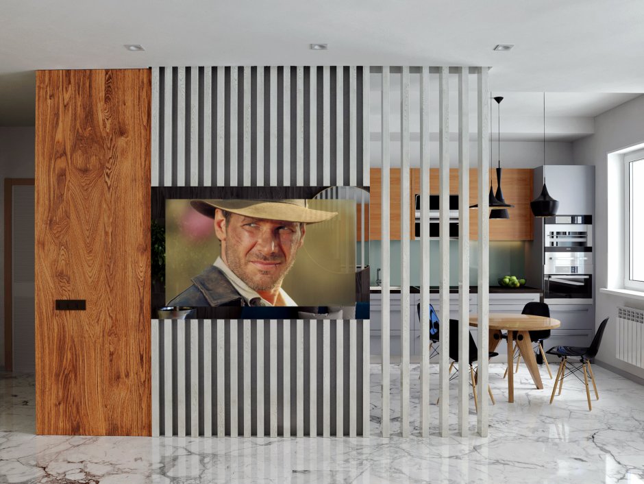 Телевизор на перегородке из реек