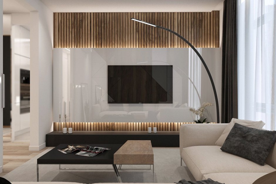 Деревянные рейки в гостиной за телевизором