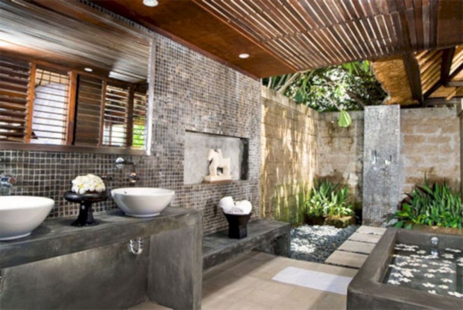 Ванная комната дерево и камень экостиль