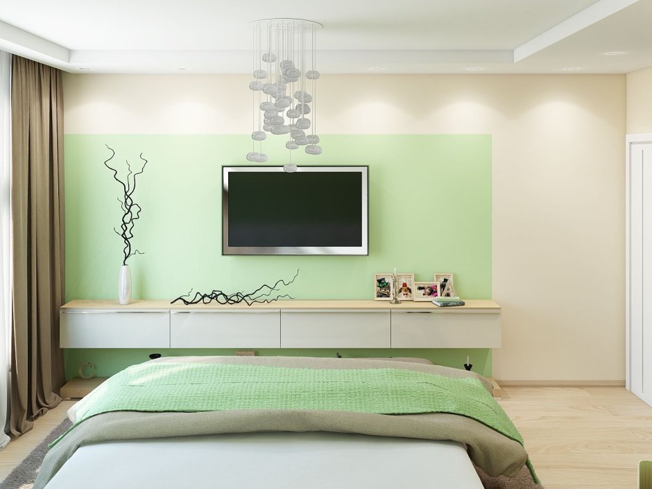 Бежевый с зеленым в интерьере спальни
