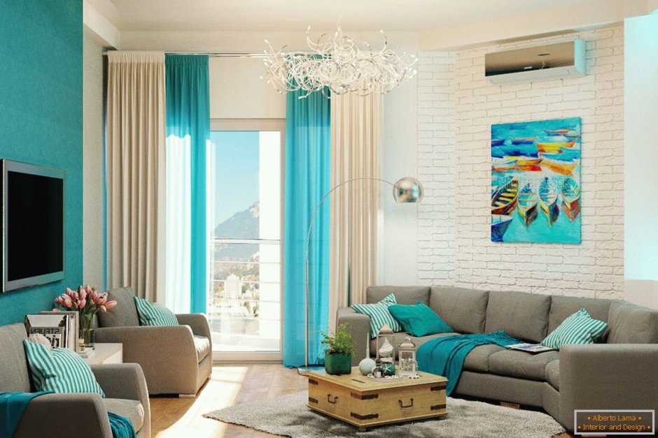 Комната гостиная в стиле моря бирюзовые тона