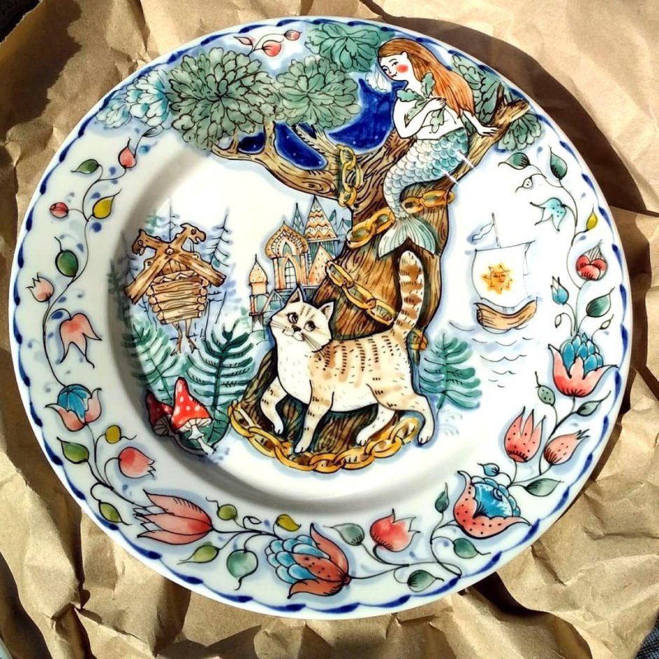 Роспись тарелки кошечка
