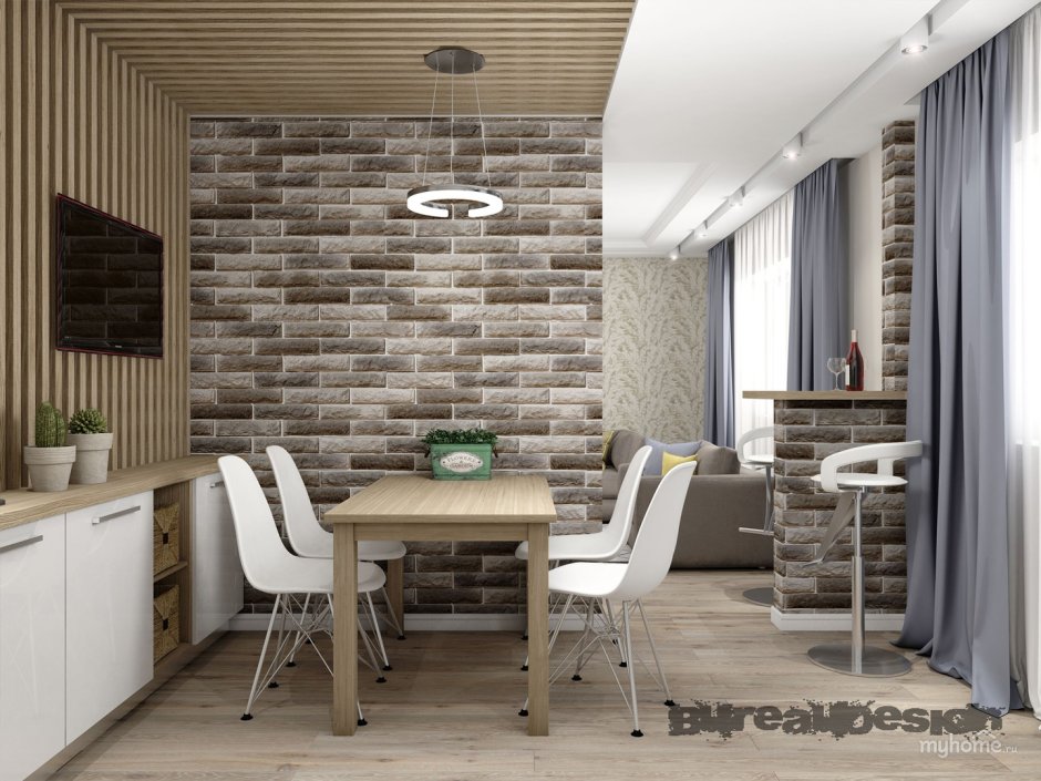 Кирпич в интерьере коридора совмещенной с кухней