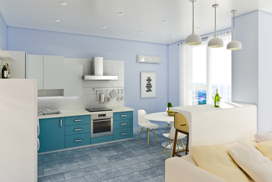 Покраска стен на кухне голубого цвета с декором