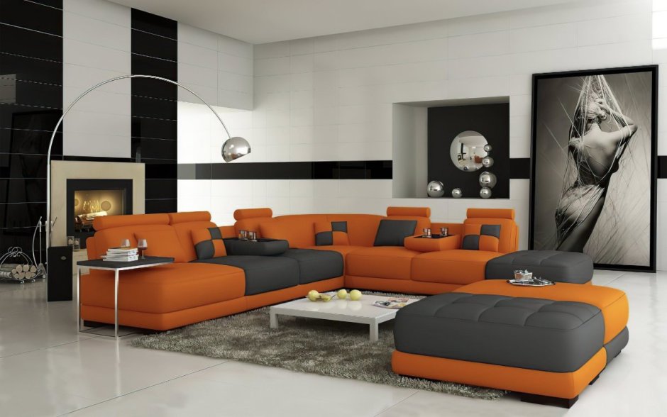 Черно оранжевый интерьер гостиной