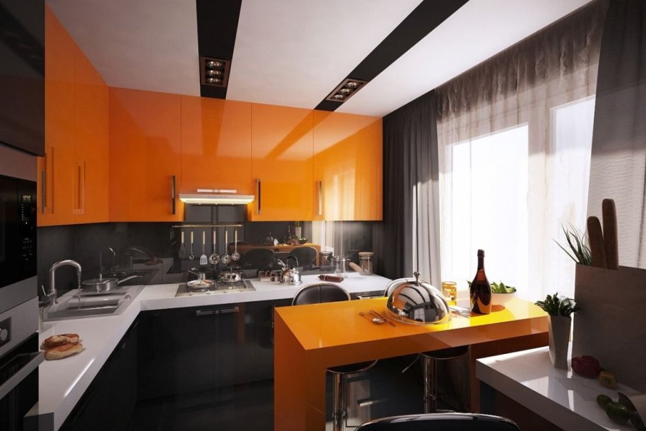 Черно оранжевая кухня
