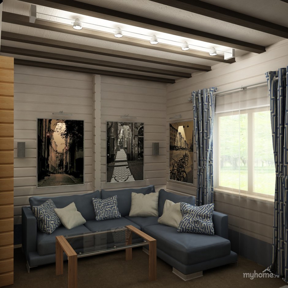 Гостиная в стиле лофт в доме из бруса