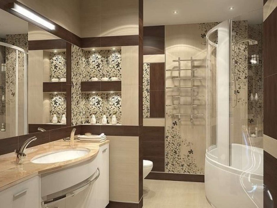 Ванная комната с зонированием бежевая