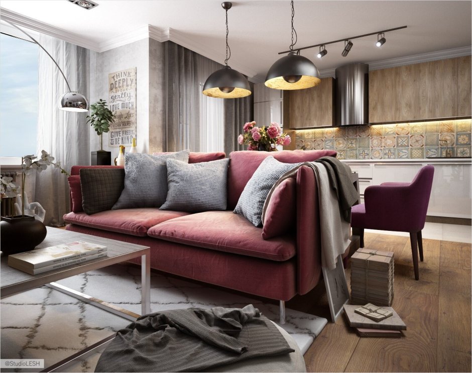 Серый и бордовый в интерьере
