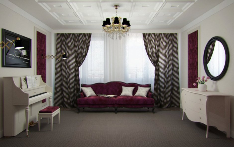 Интерьер зала в бордово серых тонах