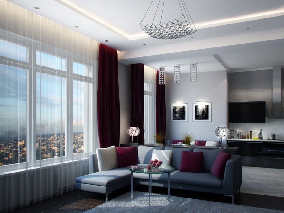 Гостиная в серо бордовых тонах