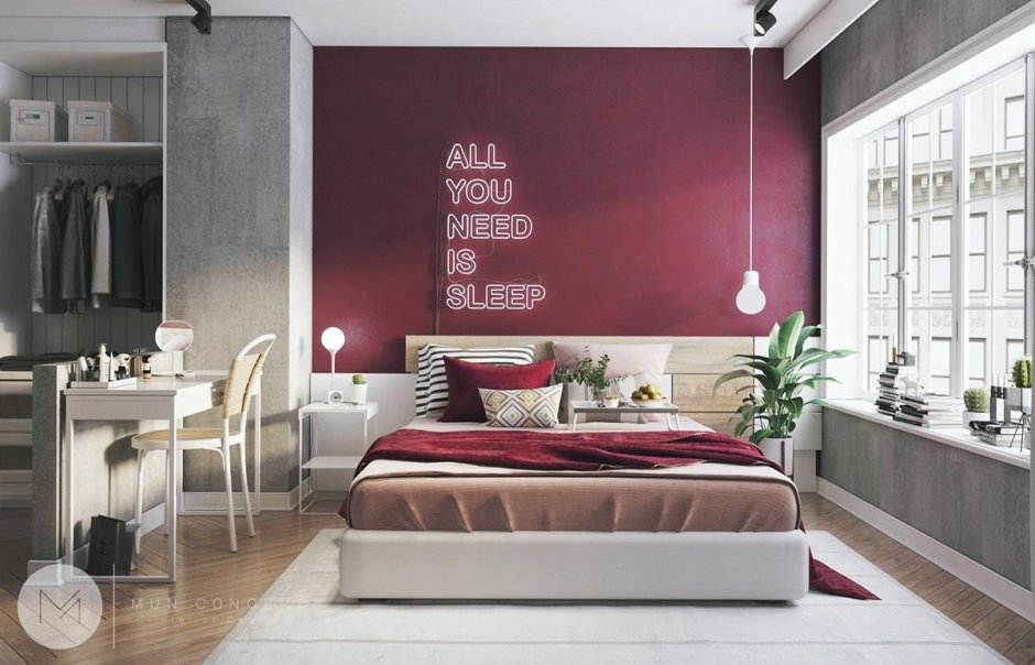 Спальня с бордовыми акцентами