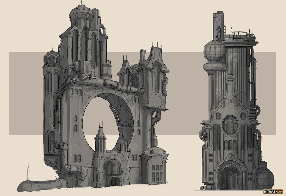 Концепт арты зданий стимпанк