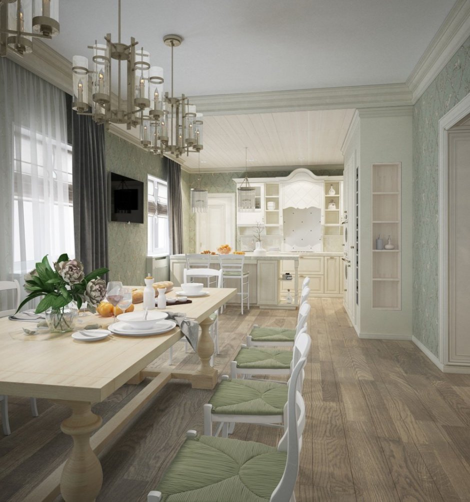 Кухня со столовой в загородном доме