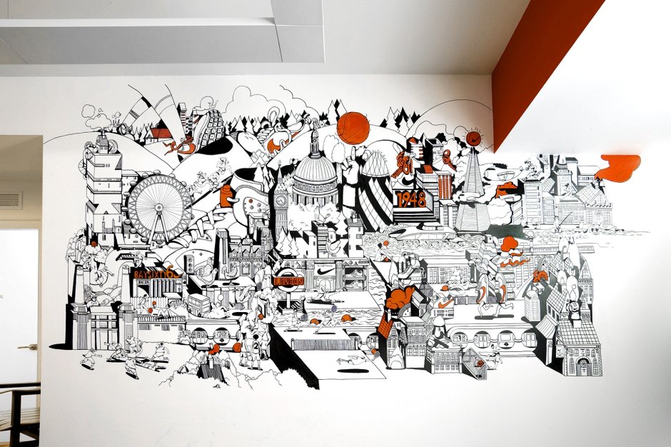 Роспись на кирпичной стене в интерьере