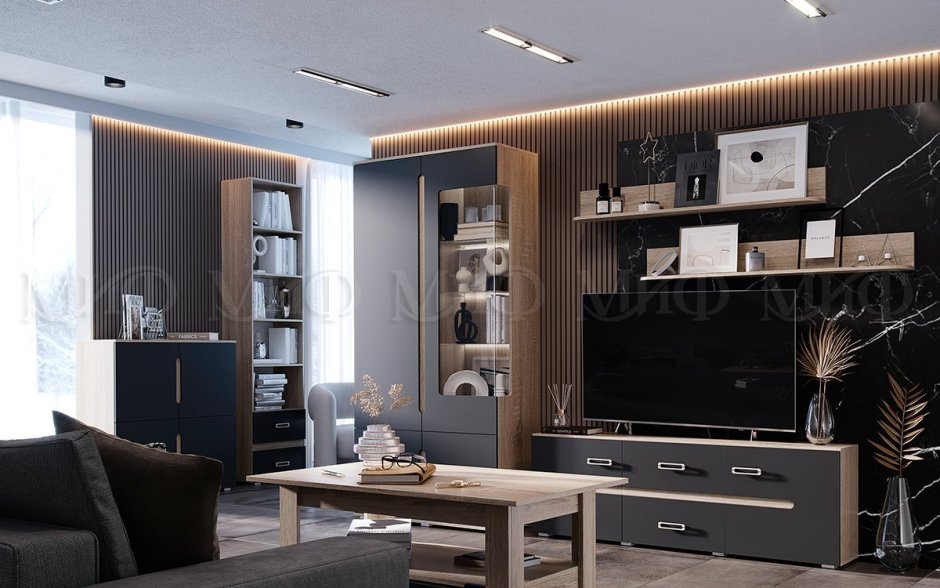 Гостиная Ким №1 бетон графит / дуб сонома