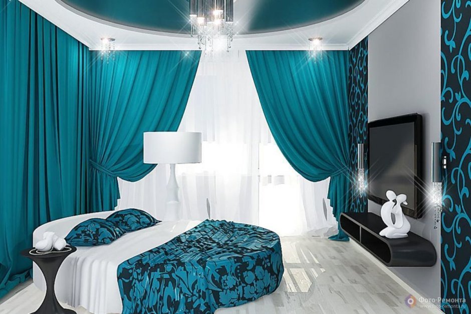 Синие шторы в интерьере