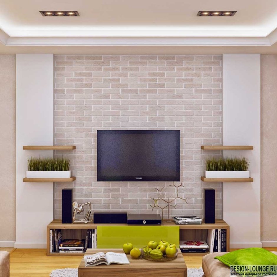 Кирпичная стена под телевизор в гостиной