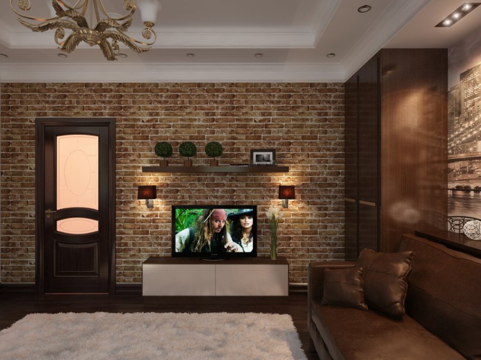 Гостиные со стеной из кирпича