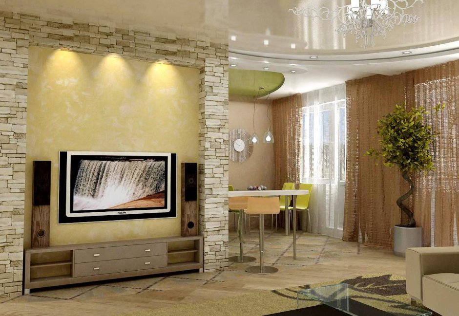 Гостиная с декоративным камнем