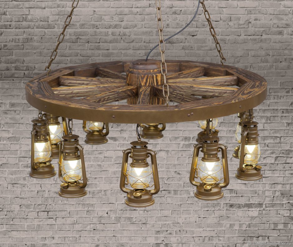 Люстра колесо телеги 12 с керосинками