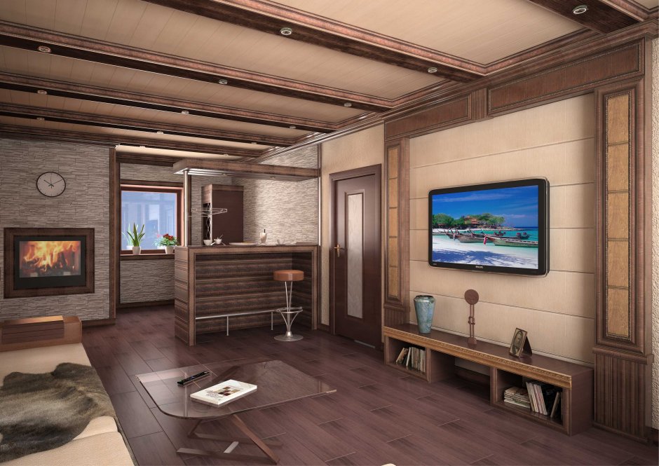 Гостиная отделанная деревом