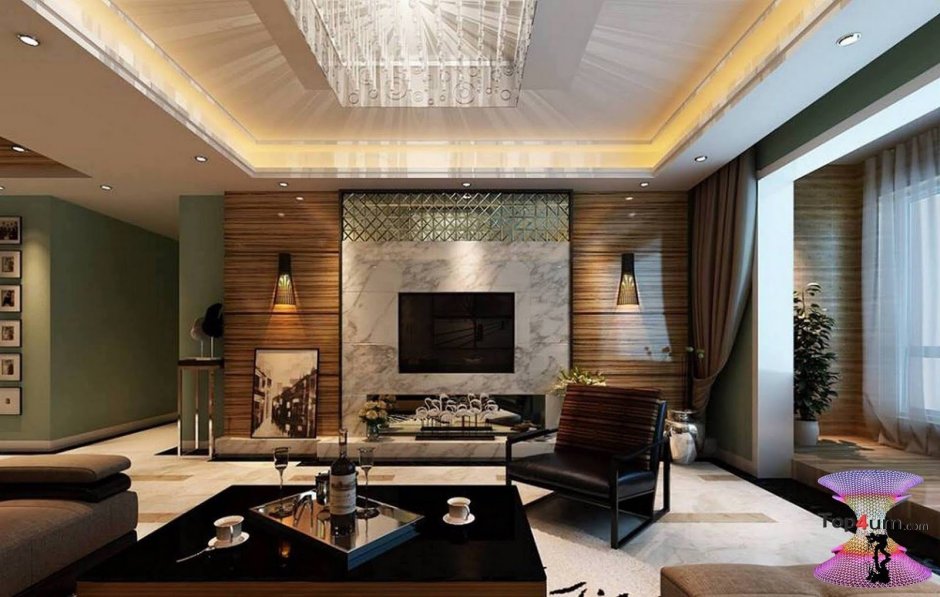 Камин и телевизор в интерьере гостиной дерево