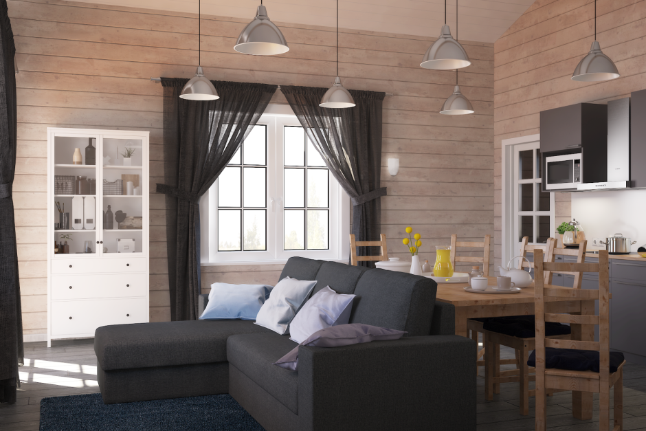 Гостиная в скандинавском стиле в деревянном доме