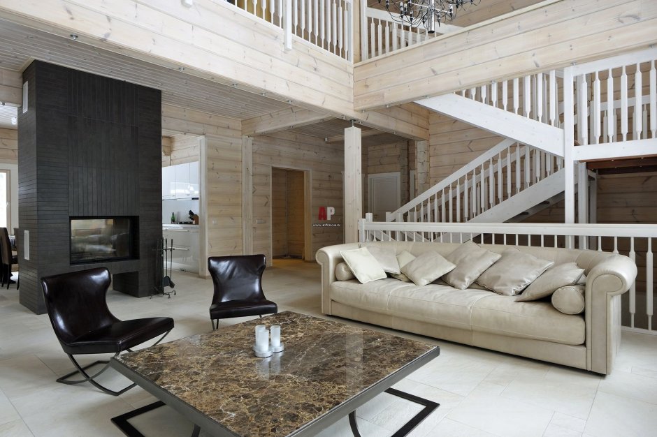 Интерьеры в домах из клееного бруса в скандинавском стиле