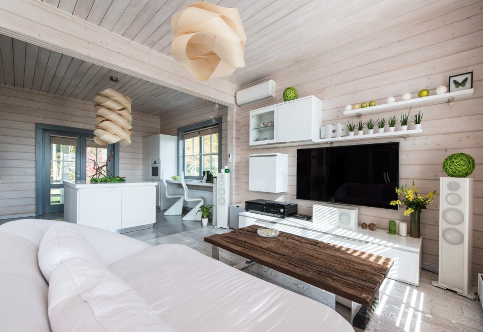 Интерьеры в домах из клееного бруса в скандинавском стиле