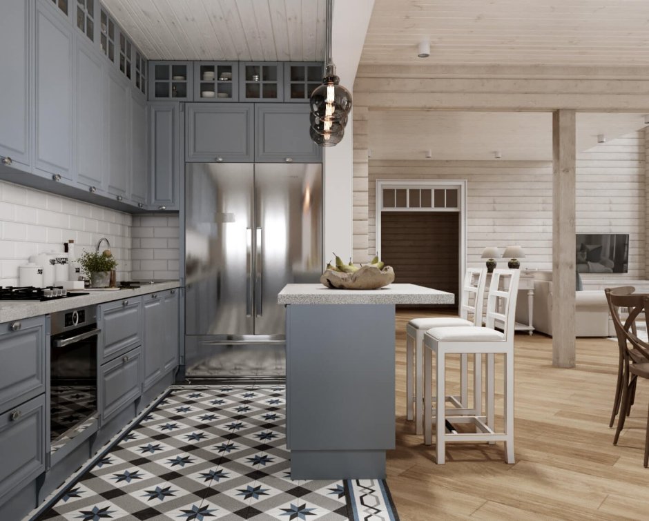 Интерьер кухни в скандинавском стиле в доме из бруса