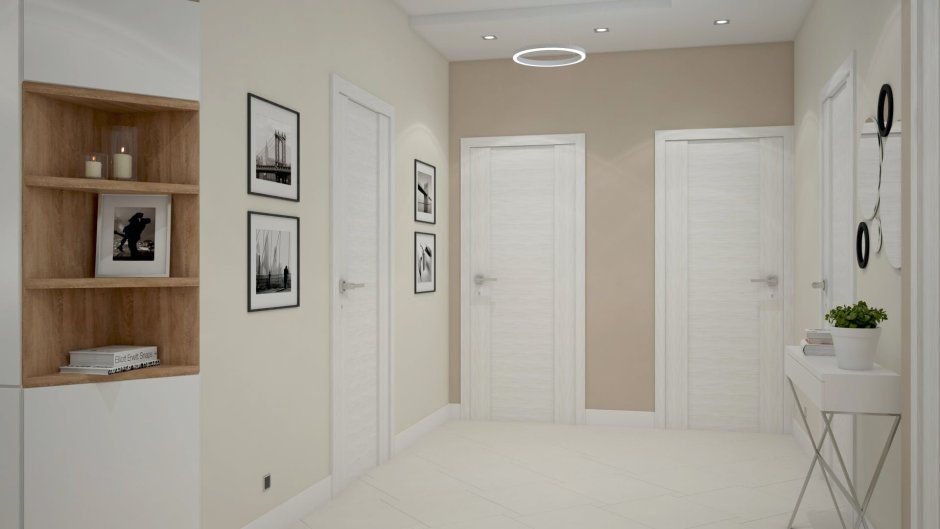 Интерьер с белыми дверями и светлым полом