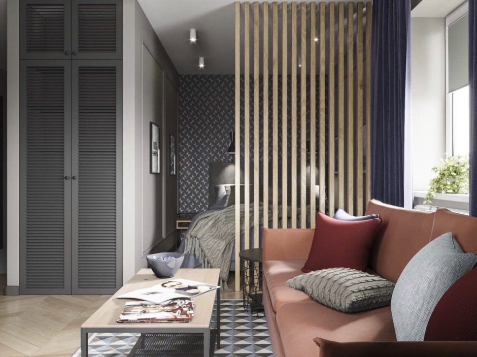 Спальня гостиная зонирование рейками