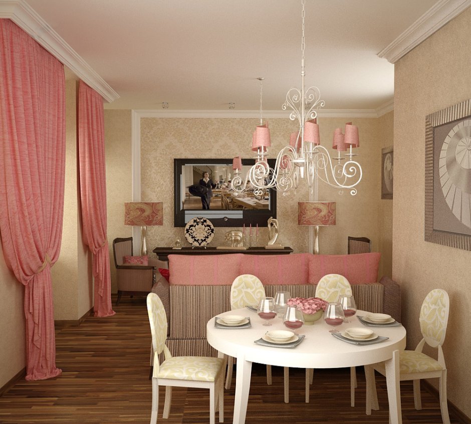 Кухня гостиная бежево розовая