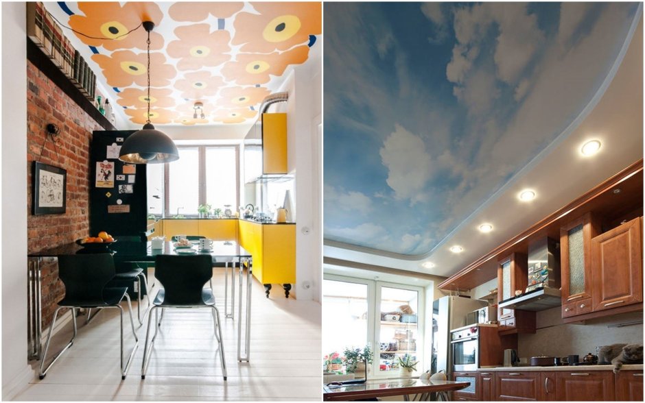 Цветной натяжной потолок на кухне