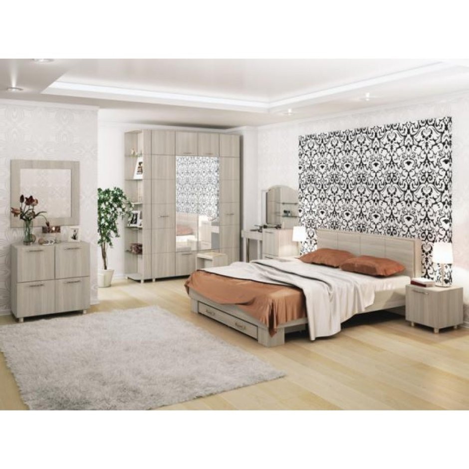 Планировка спальни со светлой мебелью