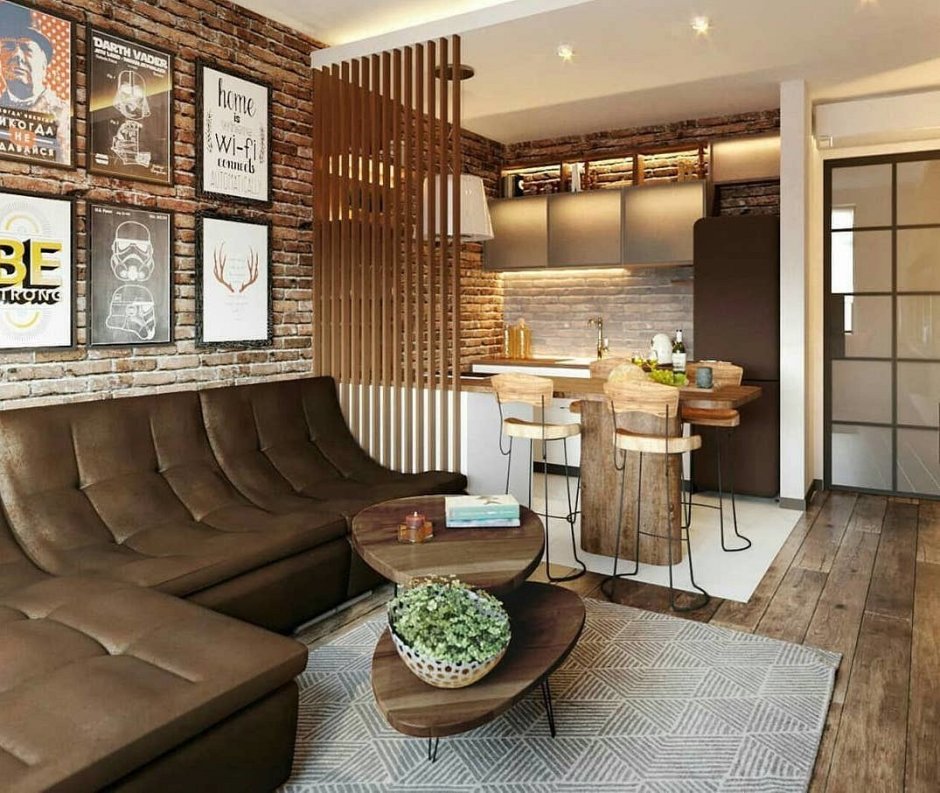 Реечная перегородка для зонирования на кухне