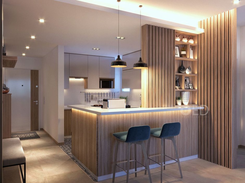 Кухня гостиная с рейками