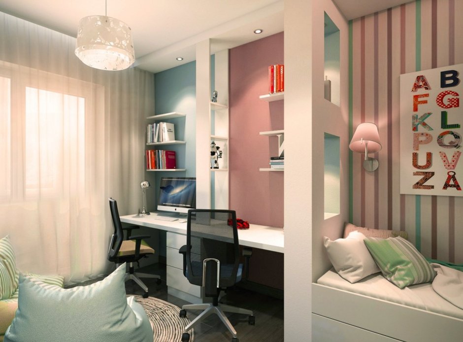 Планировка детской комнаты для двоих с балконом