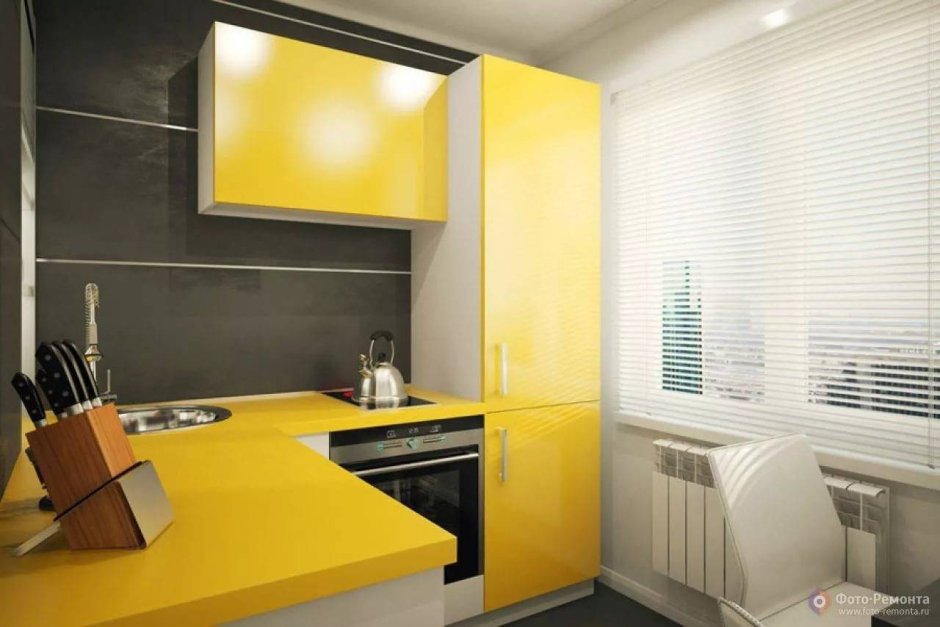 Дизайн кухни в серо желтых тонах