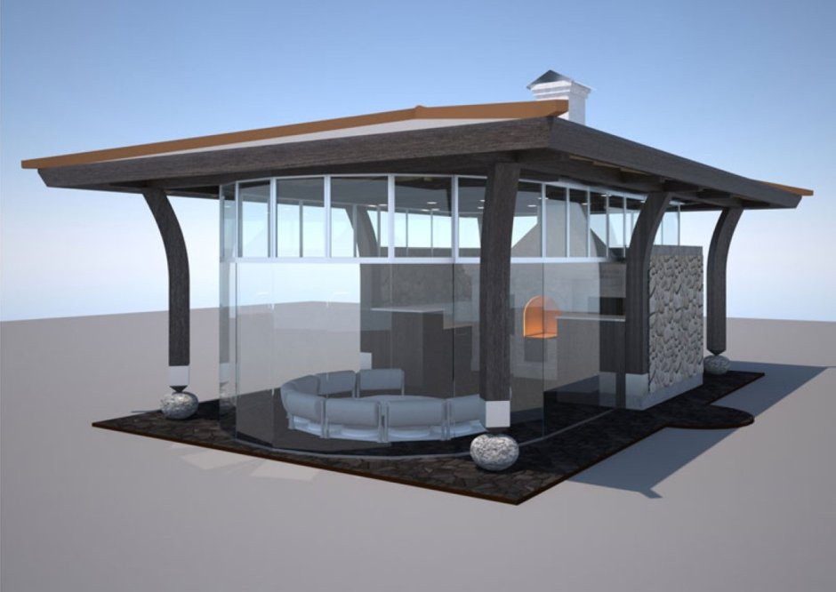 Стеклянная беседка с барбекю