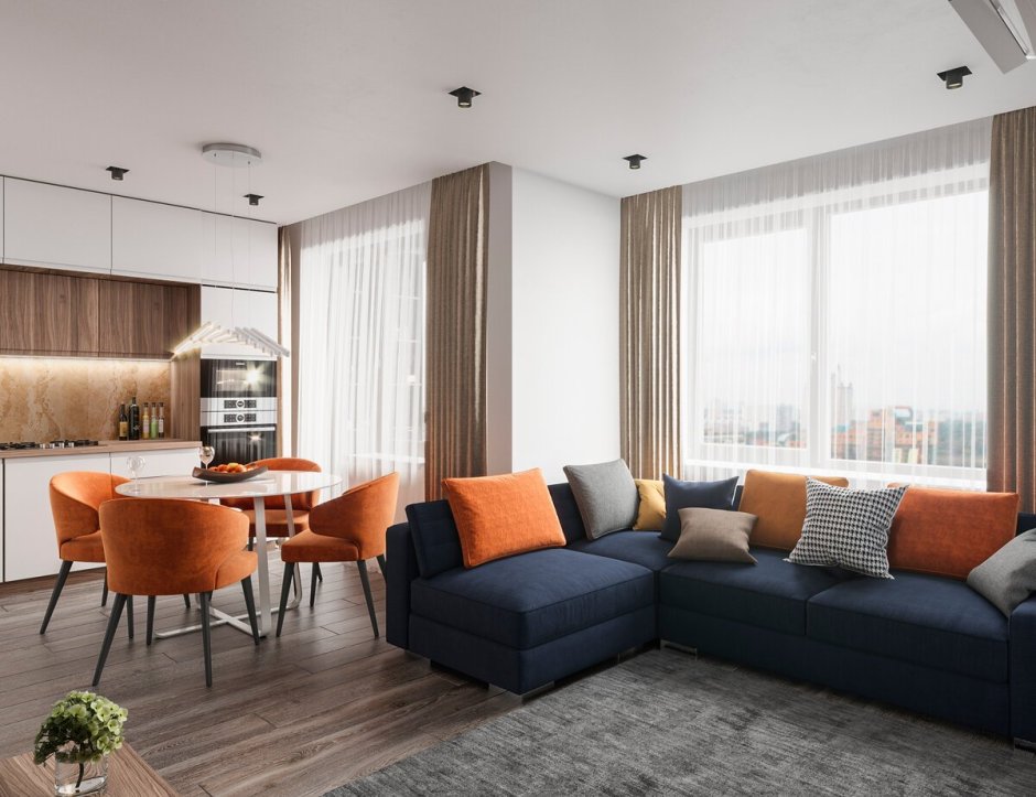 Кухня гостиная с 3 окнами